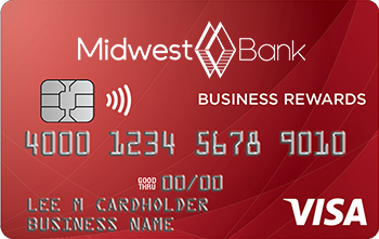 a red Midwest Bank Company Rewards Charge Card