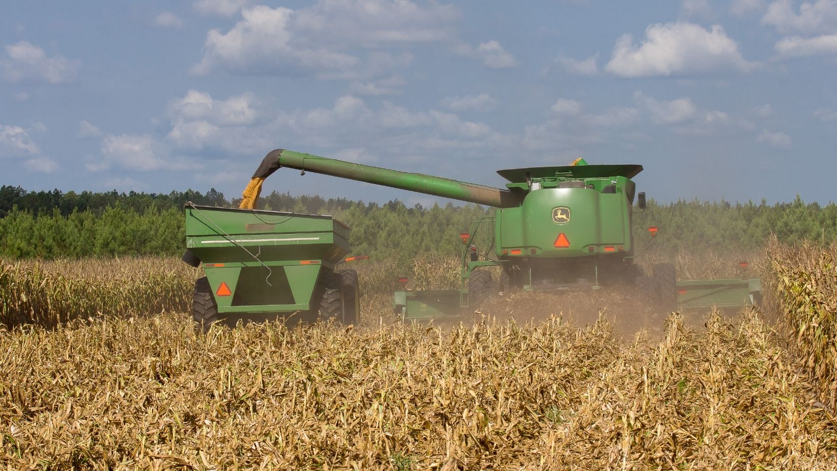Tractor and combine in corn field during harvest