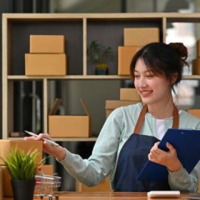 Young female business owner checking inventory